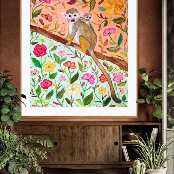 Squirrel Monkeys Art Print Oil Painting tropical floral botanical animal decor - Picture 7 of 9